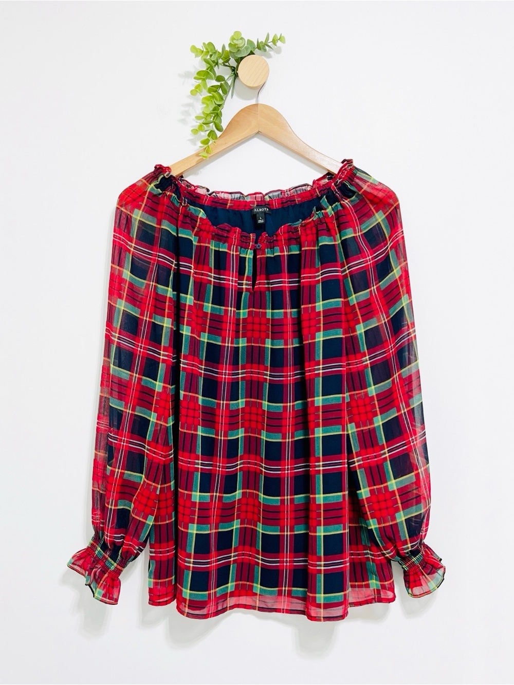 Talbots Red Plaid Long Sleeve Romantic Holiday Blouse